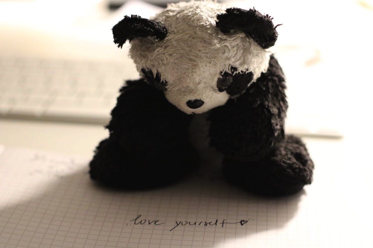 Pandabear sitting on paper that says i love you