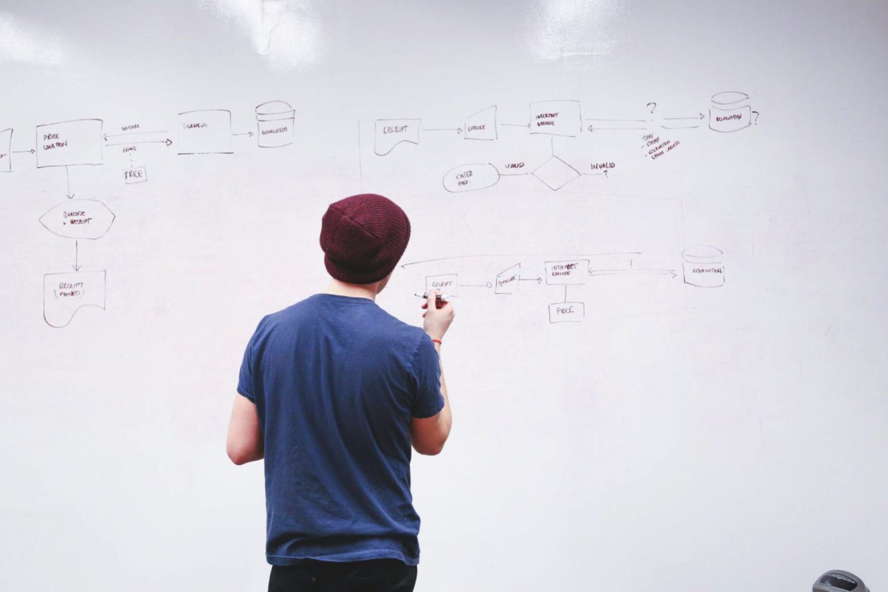 man drawing flowchart on whiteboard